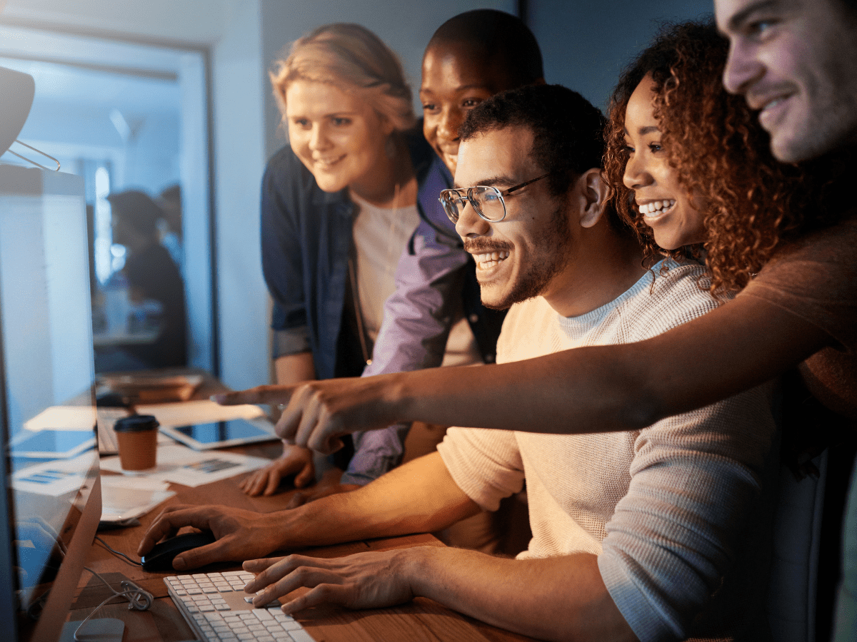 happy people looking at VR website